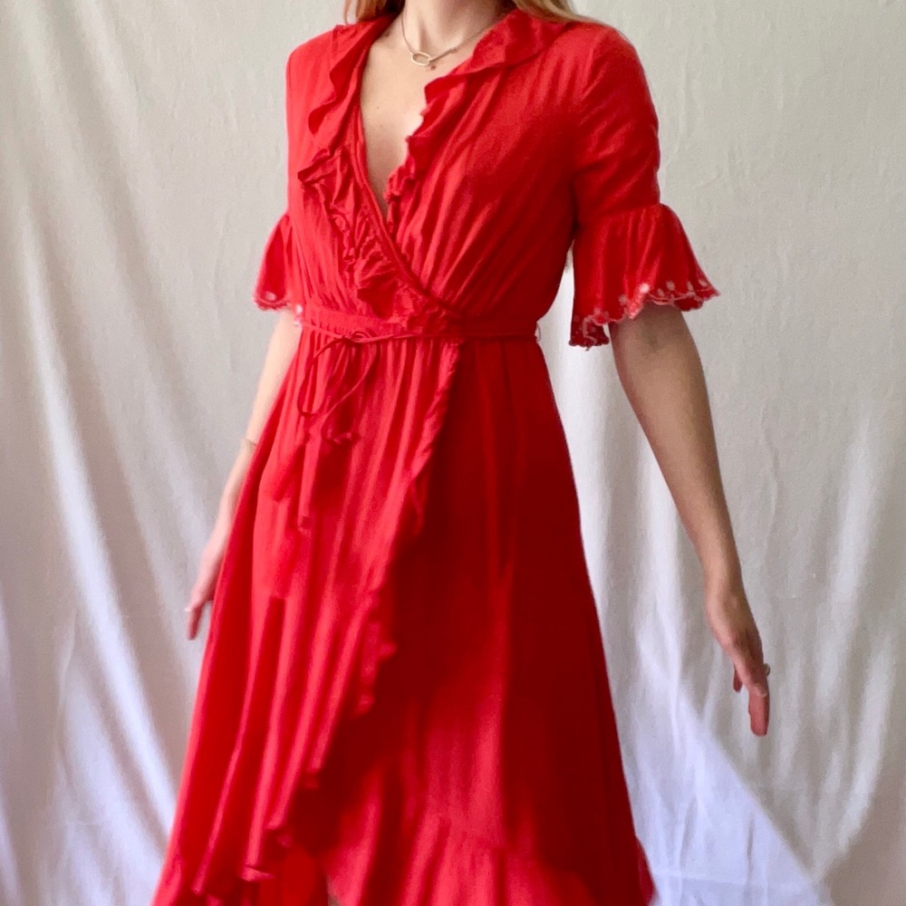 xs red wrap summer dress with embroidery details